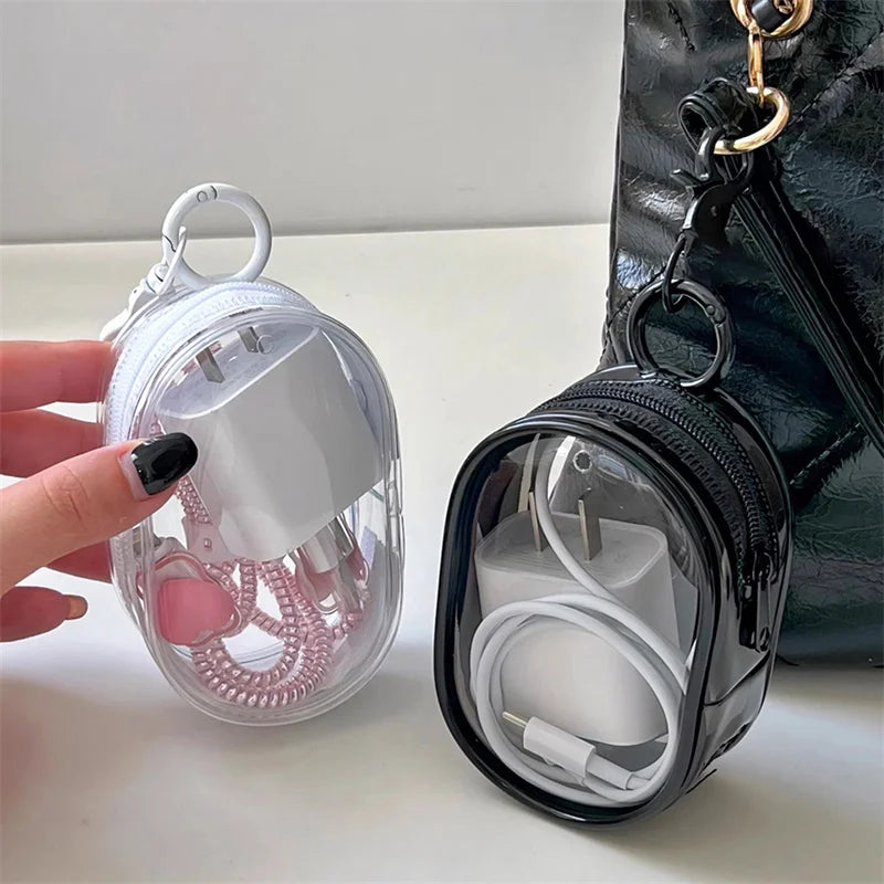 Mini bolsa de armazenamento transparente portátil com zíper, estojo multifuncional para fones de ouvido e carregador, acessórios de viagem com chaveiro