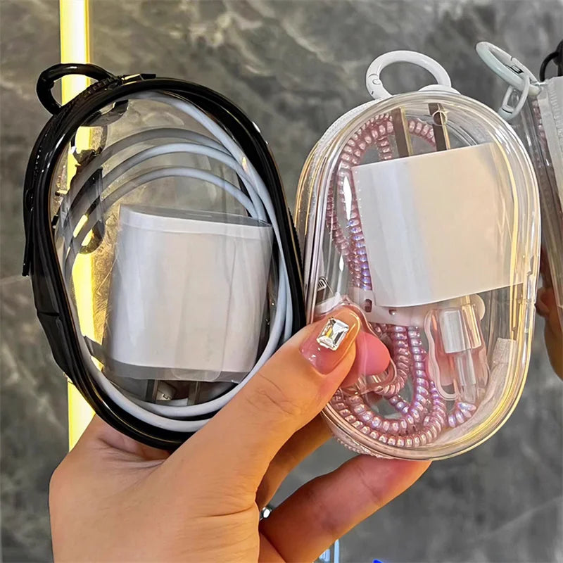 Mini bolsa de armazenamento transparente portátil com zíper, estojo multifuncional para fones de ouvido e carregador, acessórios de viagem com chaveiro